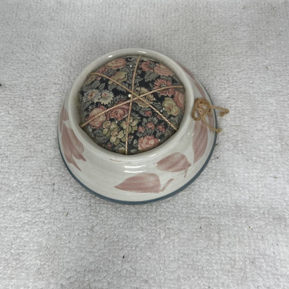 Vintage Pin Cushion Ceramic Pottery Signed Artist Pink/Blue/White